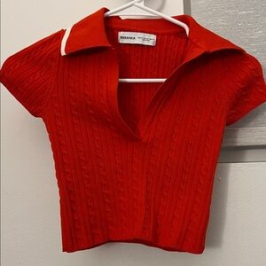 Bershka Bright Red Collared Knit Top